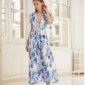 Monique Lhuillier Blue Floral Midi Dress